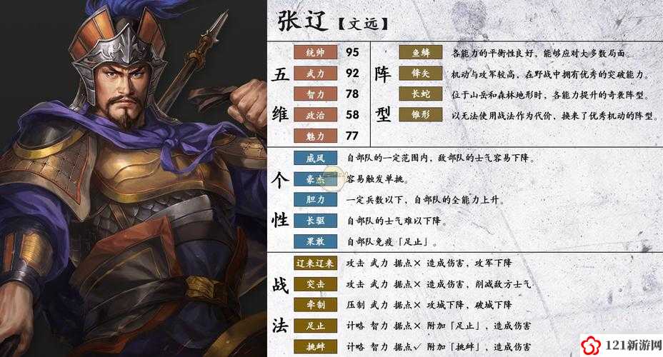 三国志14张辽战法介绍 魏国武将张辽五维特性图鉴